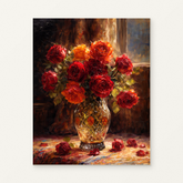 Red Roses in Golden Light Paint by Numbers Kit — original artwork displayed as a canvas on a warm off-white wall.