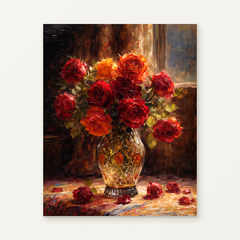 Red Roses in Golden Light Paint by Numbers Kit — original artwork displayed as a canvas on a warm off-white wall.