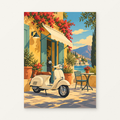 A Pause in Positano Paint by Numbers Kit — complete artwork displayed on a canvas against a warm off-white wall.