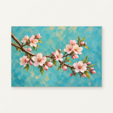 Almond Branch in Morning Light Paint by Numbers Kit — original artwork displayed as a canvas on a warm off-white wall.
