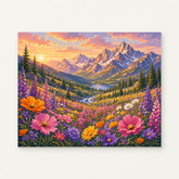 Alpine Bloom Paint by Numbers Kit — original artwork displayed as a canvas on a warm off-white wall.