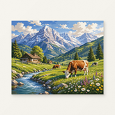 Alpine Meadow Paint by Numbers Kit — original artwork displayed as a canvas on a warm off-white wall.