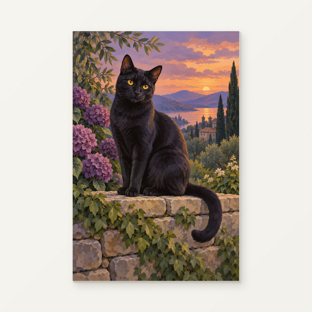 Black Cat on a Garden Wall at Dusk Paint by Numbers Kit — original artwork displayed as a canvas on a warm off-white wall.