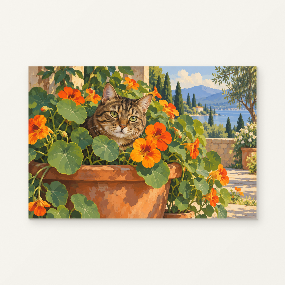 Brown Tabby Cat Among Nasturtiums Paint by Numbers Kit — original artwork displayed as a canvas on a warm off-white wall.