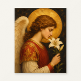 Angel Gabriel Paint by Numbers Kit — original artwork displayed as a canvas on a warm off-white wall.