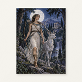 Artemis Beneath the Silver Moon Paint by Numbers Kit — original artwork displayed as a canvas on a warm off-white wall.