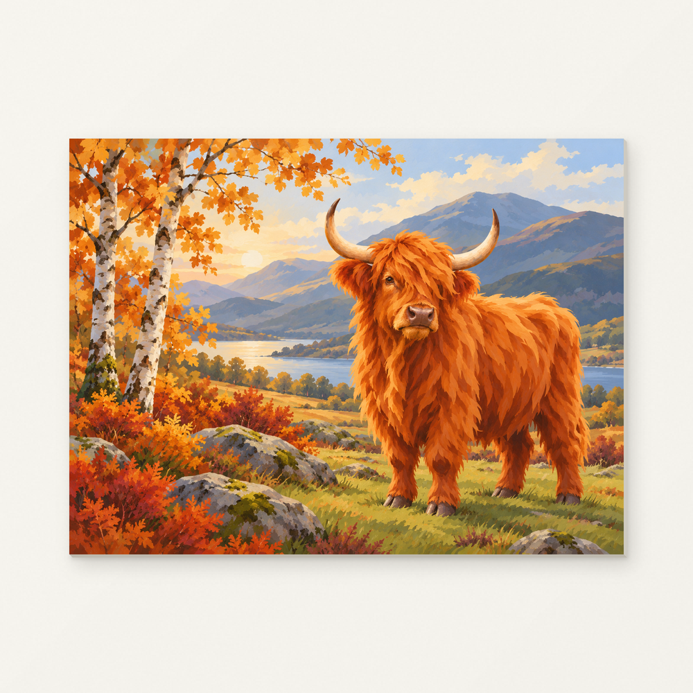 Autumn in the Highlands Paint by Numbers Kit — complete artwork displayed on a canvas against a warm off-white wall.