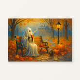 Autumn Rain and Ghostly Tea Paint by Numbers Kit — original artwork displayed as a canvas on a warm off-white wall.