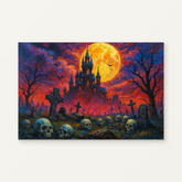 Gothic Castle Under Blood-Red Sky Paint by Numbers Kit — original artwork displayed as a canvas on a warm off-white wall.