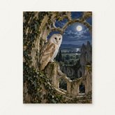 Barn Owl at the Abbey Paint by Numbers Kit — original artwork displayed as a canvas on a warm off-white wall.