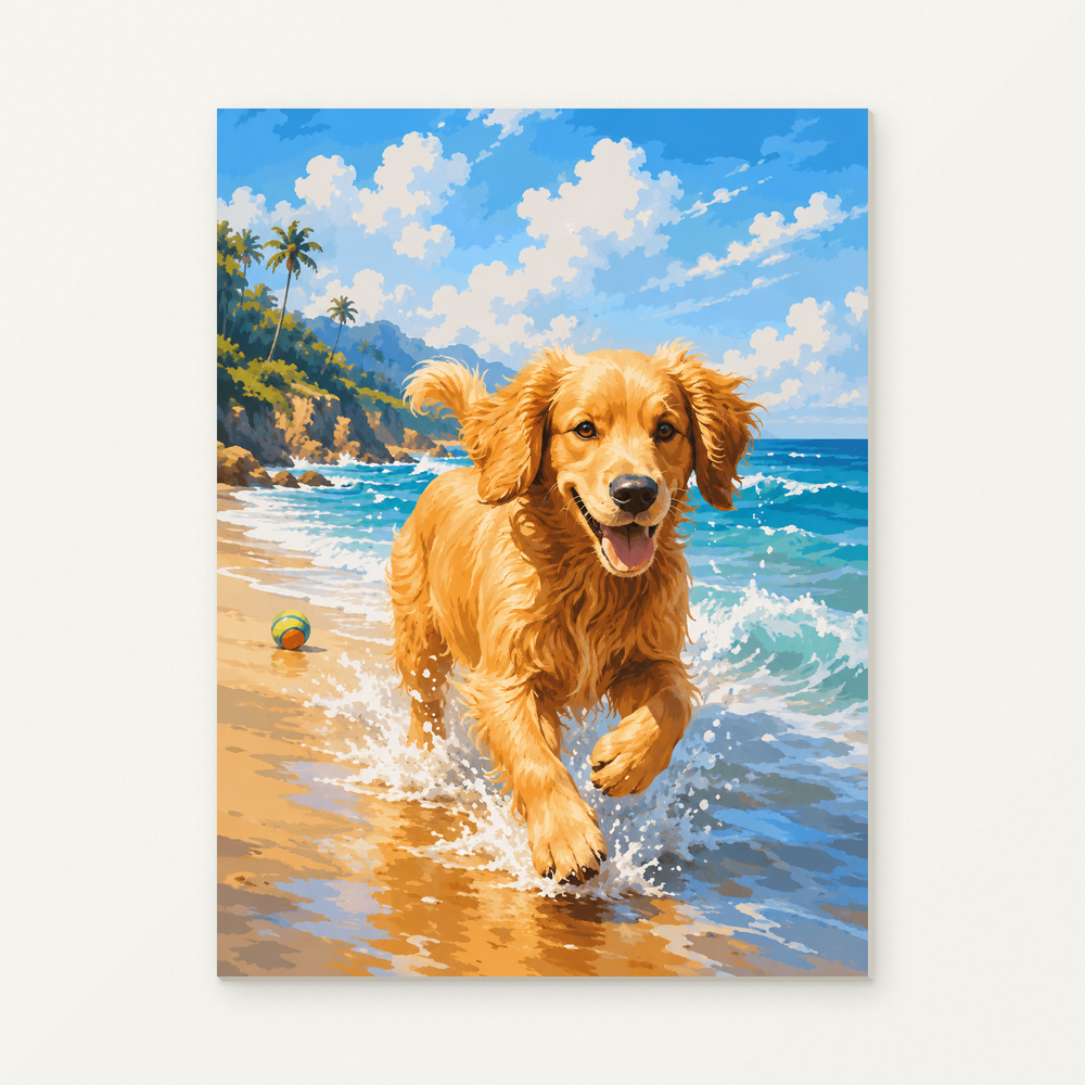Golden Retriever on the Beach Paint by Numbers Kit — original artwork displayed as a canvas on a warm off-white wall.