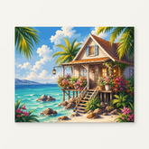 Beach Cottage Paint by Numbers Kit — original artwork displayed as a canvas on a warm off-white wall.