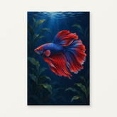 Betta in Midnight Blue Paint by Numbers Kit — original artwork displayed as a canvas on a warm off-white wall.