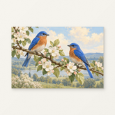 Bluebirds in Spring Paint by Numbers Kit — original artwork displayed as a canvas on a warm off-white wall.