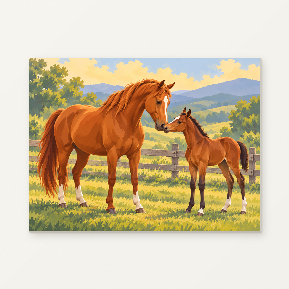 By the Paddock Gate Paint by Numbers Kit — complete artwork displayed on a canvas against a warm off-white wall.