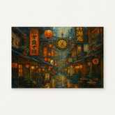 Lanterns in the Tokyo Night Paint by Numbers Kit — original artwork displayed as a canvas on a warm off-white wall.
