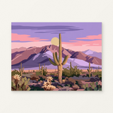 Cactus Valley Paint by Numbers Kit — original artwork displayed as a canvas on a warm off-white wall.