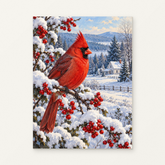 Cardinal in the First Snow Paint by Numbers Kit — original artwork displayed as a canvas on a warm off-white wall.