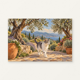 Cat in the Olive Garden Paint by Numbers Kit — original artwork displayed as a canvas on a warm off-white wall.