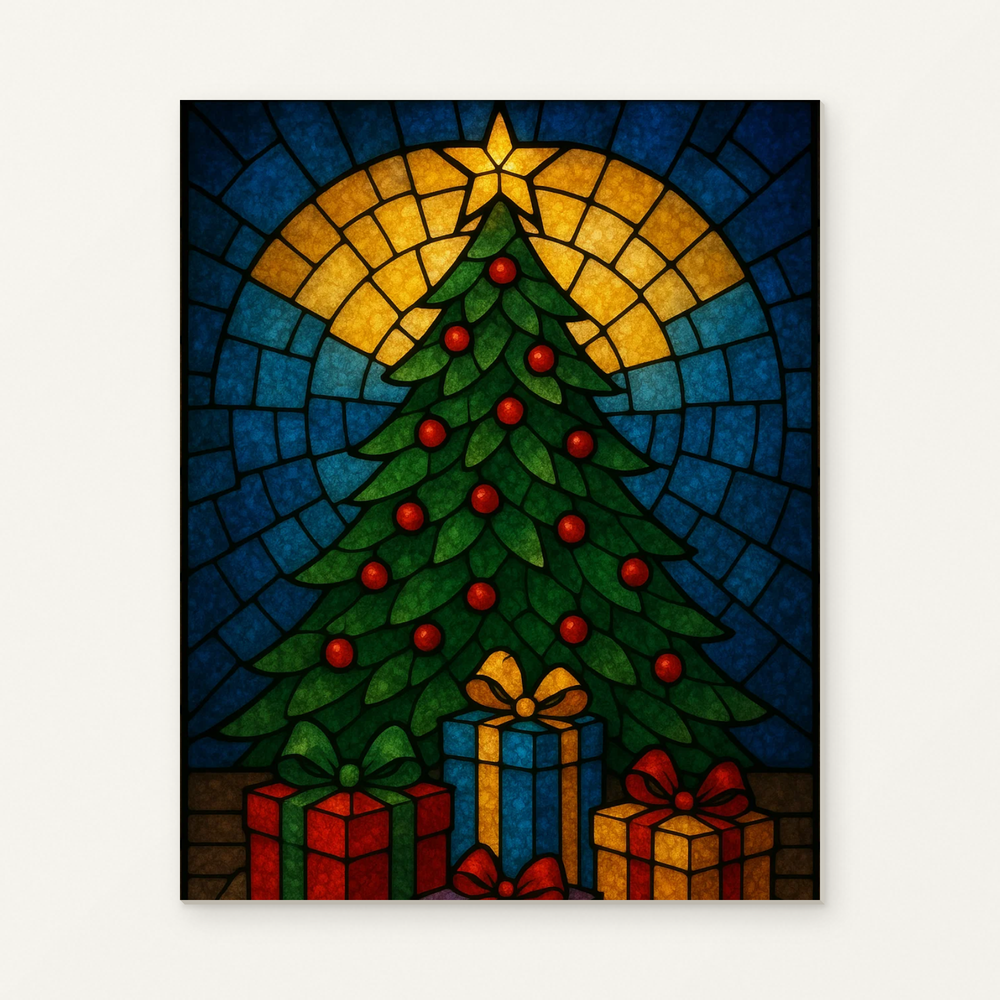 Stained Glass Christmas Tree Paint by Numbers Kit — original artwork displayed as a canvas on a warm off-white wall.