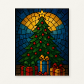Stained Glass Christmas Tree Paint by Numbers Kit — original artwork displayed as a canvas on a warm off-white wall.