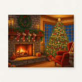 Christmas Fireplace and Tree Paint by Numbers Kit — original artwork displayed as a canvas on a warm off-white wall.