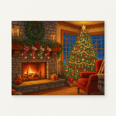 Christmas Fireplace and Tree Paint by Numbers Kit — original artwork displayed as a canvas on a warm off-white wall.