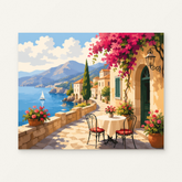 Coastal Bistro Paint by Numbers Kit — original artwork displayed as a canvas on a warm off-white wall.