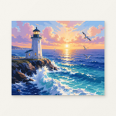 Lighthouse at Sunset Paint by Numbers Kit — original artwork displayed as a canvas on a warm off-white wall.