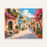 Coastal Street Paint by Numbers Kit — original artwork displayed as a canvas on a warm off-white wall.