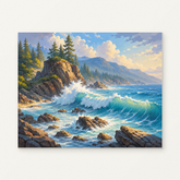 Coastal Wave Paint by Numbers Kit — original artwork displayed as a canvas on a warm off-white wall.