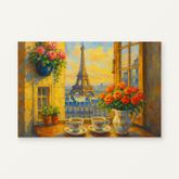 Coffee in the Paris Sunrise Paint by Numbers Kit — original artwork displayed as a canvas on a warm off-white wall.