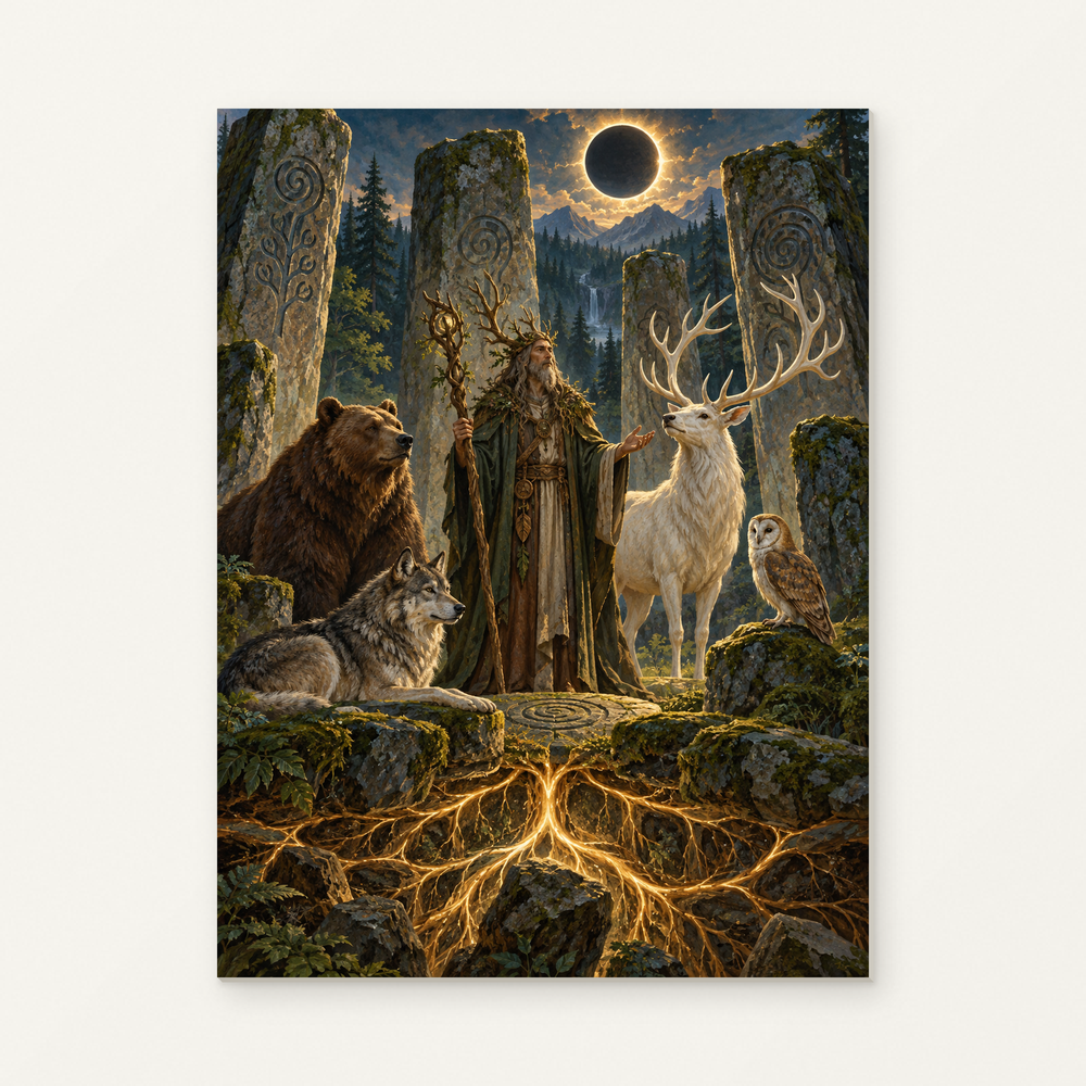 Druid and Forest Animals in an Ancient Grove Paint by Numbers Kit — original artwork displayed as a canvas on a warm off-white wall.