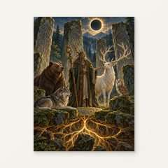Druid and Forest Animals in an Ancient Grove Paint by Numbers Kit — original artwork displayed as a canvas on a warm off-white wall.