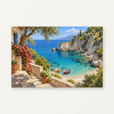 Red Rowboat in a Turquoise Cove Paint by Numbers Kit — original artwork displayed as a canvas on a warm off-white wall.