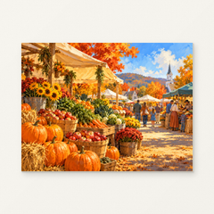 Saturday at the Harvest Market Paint by Numbers Kit — complete artwork displayed on a canvas against a warm off-white wall.