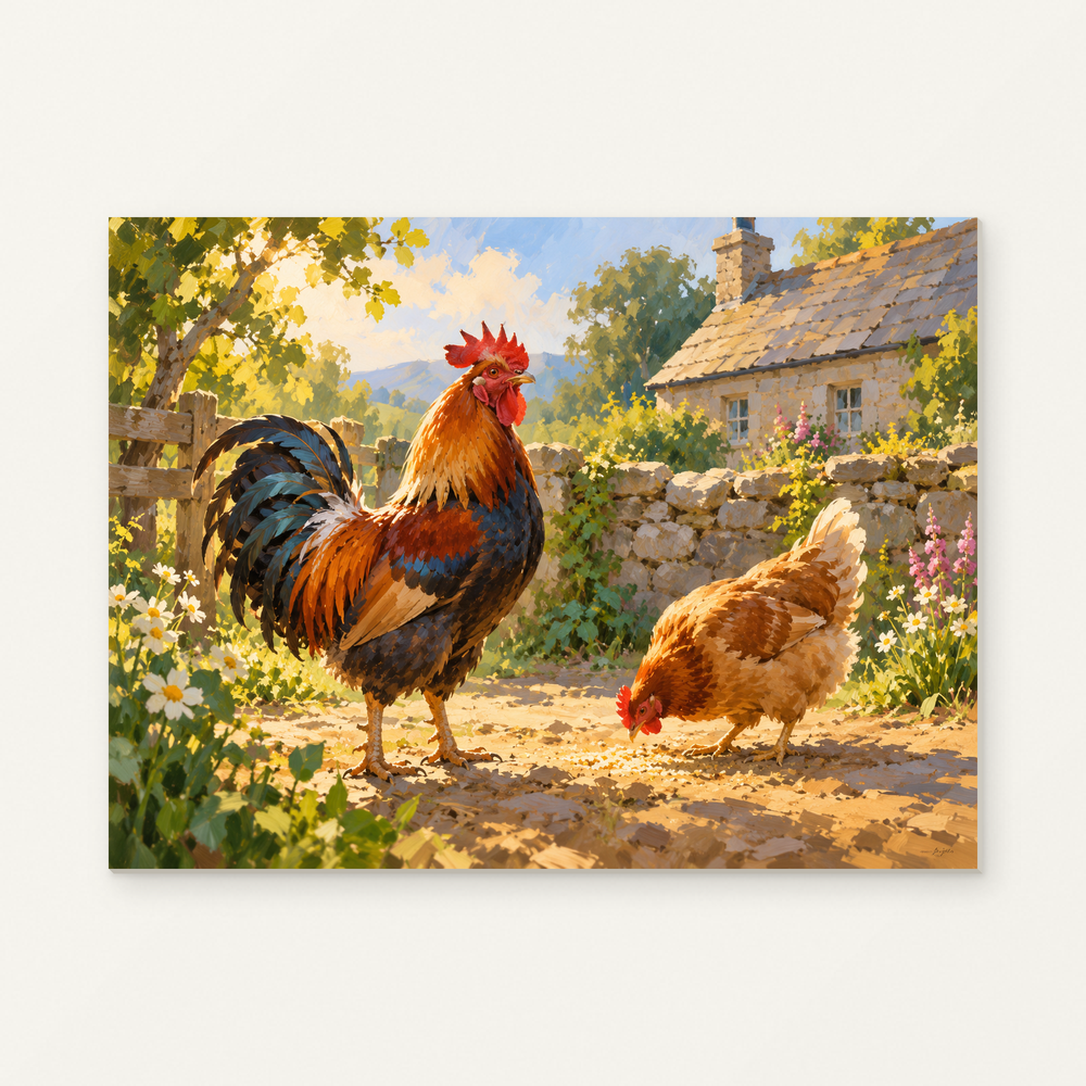 Morning in the Hen Yard Paint by Numbers Kit — complete artwork displayed on a canvas against a warm off-white wall.
