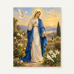 Madonna with the Doves Paint by Numbers Kit — complete artwork displayed on a canvas against a warm off-white wall.