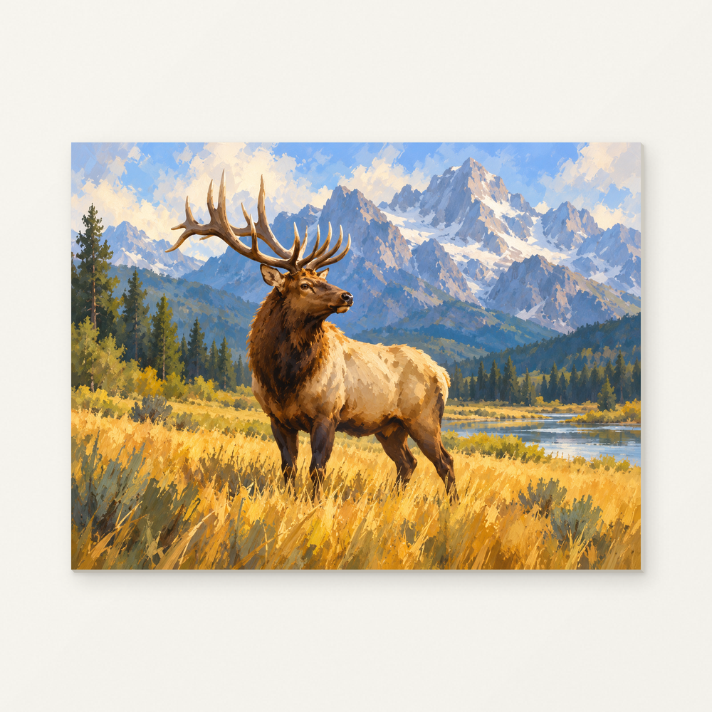 Elk beneath the Mountain Peaks Paint by Numbers Kit — complete artwork displayed on a canvas against a warm off-white wall.