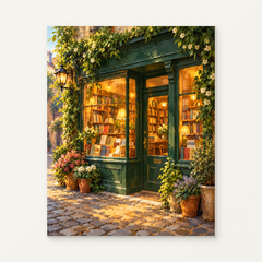 The Little Corner Bookshop Paint by Numbers Kit — complete artwork displayed on a canvas against a warm off-white wall.