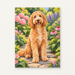 Finished painting of an apricot Goldendoodle sitting in a flower garden.