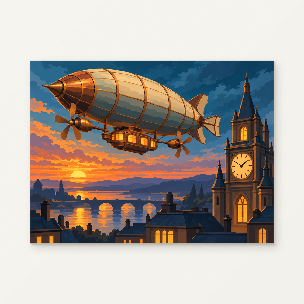 Finished painting of a steampunk airship above a Victorian clockwork city at dusk.