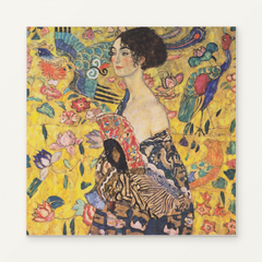 Lady with a Fan — Gustav Klimt Paint by Numbers Kit — complete artwork displayed on a canvas against a warm off-white wall.