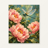 Dragonfly among the Peonies Paint by Numbers Kit — complete artwork displayed on a canvas against a warm off-white wall.