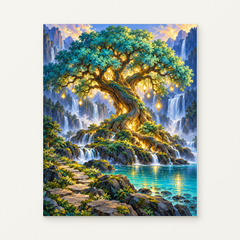 Glowing Tree of Life Paint by Numbers Kit — complete artwork displayed on a canvas against a warm off-white wall.