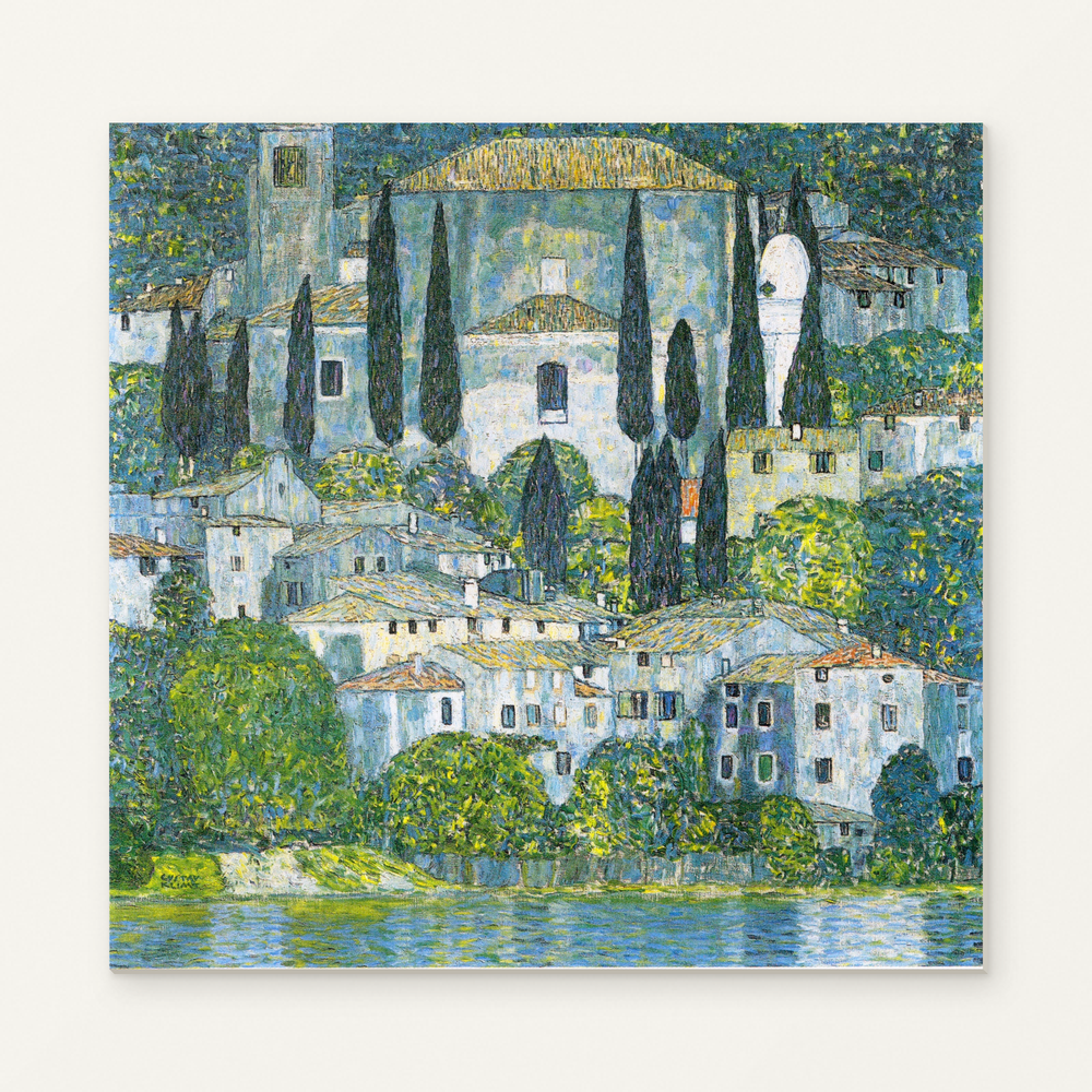 Church in Cassone — Gustav Klimt Paint by Numbers Kit — complete artwork displayed on a canvas against a warm off-white wall.