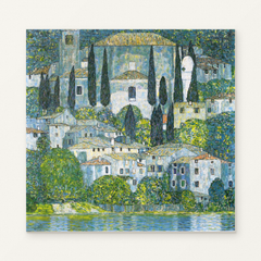 Church in Cassone — Gustav Klimt Paint by Numbers Kit — complete artwork displayed on a canvas against a warm off-white wall.