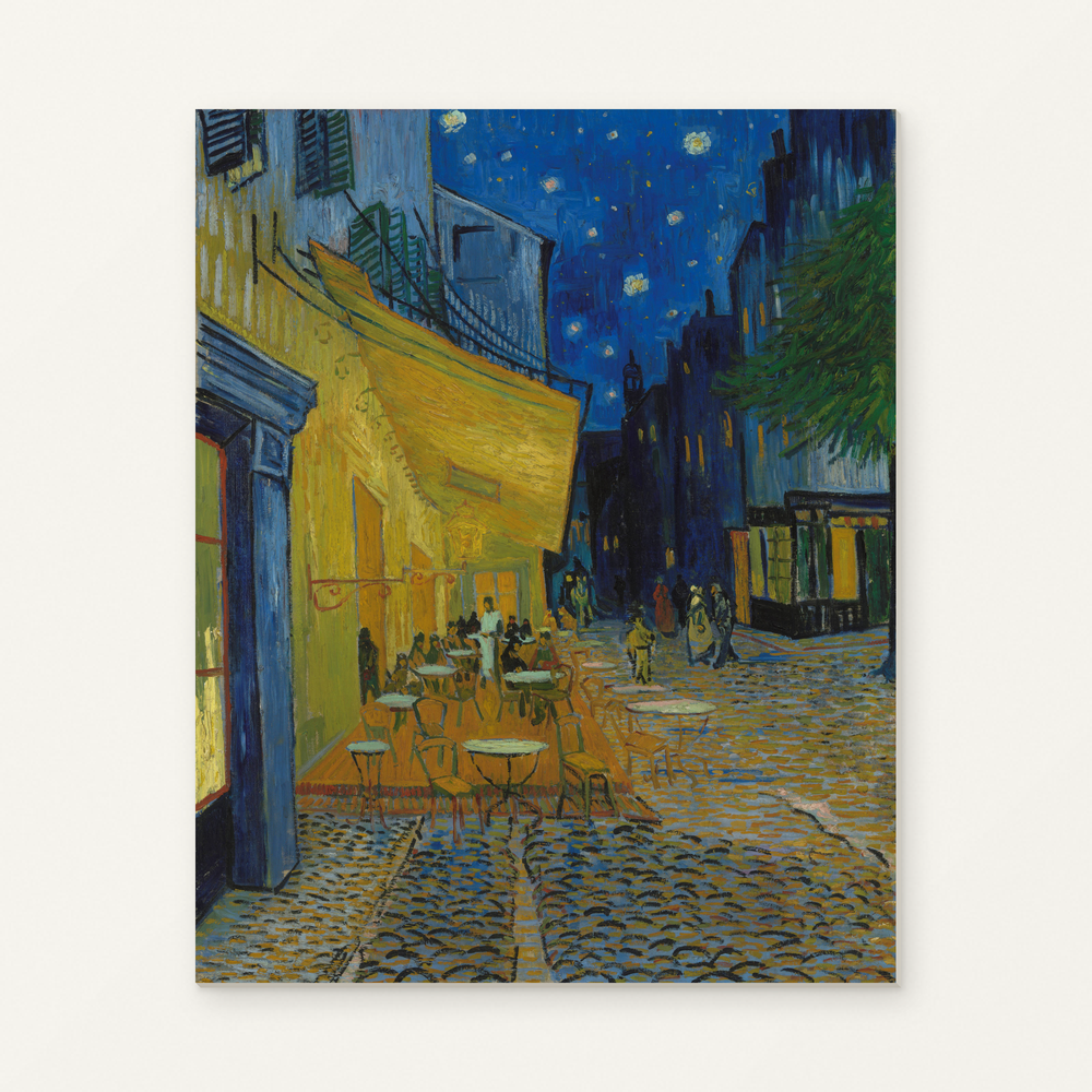 Café Terrace at Night — Vincent van Gogh Paint by Numbers Kit — complete artwork displayed on a canvas against a warm off-white wall.