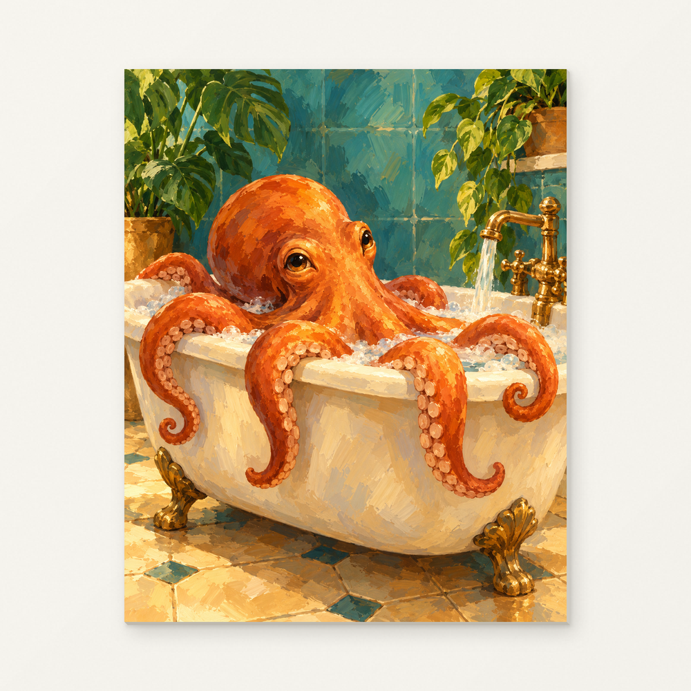 Octopus at Bath Time Paint by Numbers Kit — complete artwork displayed on a canvas against a warm off-white wall.