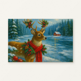 Christmas Deer by a Frozen Lake Paint by Numbers Kit — original artwork displayed as a canvas on a warm off-white wall.